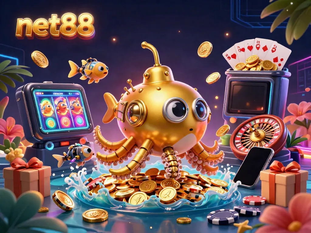 Join the excitement at net88 with the golden kraken submarine swimming through a sea of casino-themed treasures.