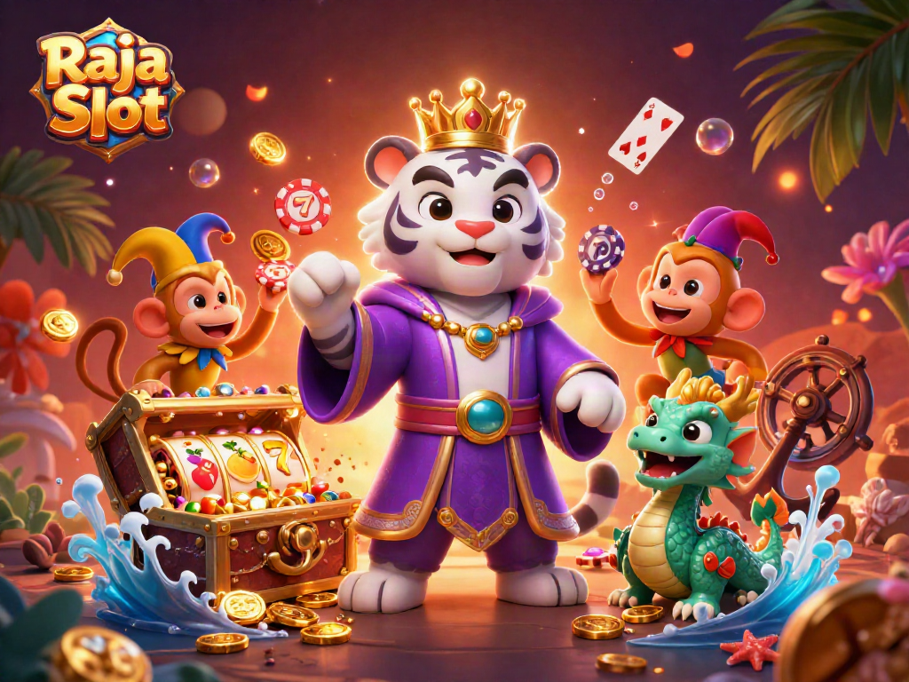 Engage with Raja Slot as a white tiger, monkey, and dragon bring vibrant casino elements to life.