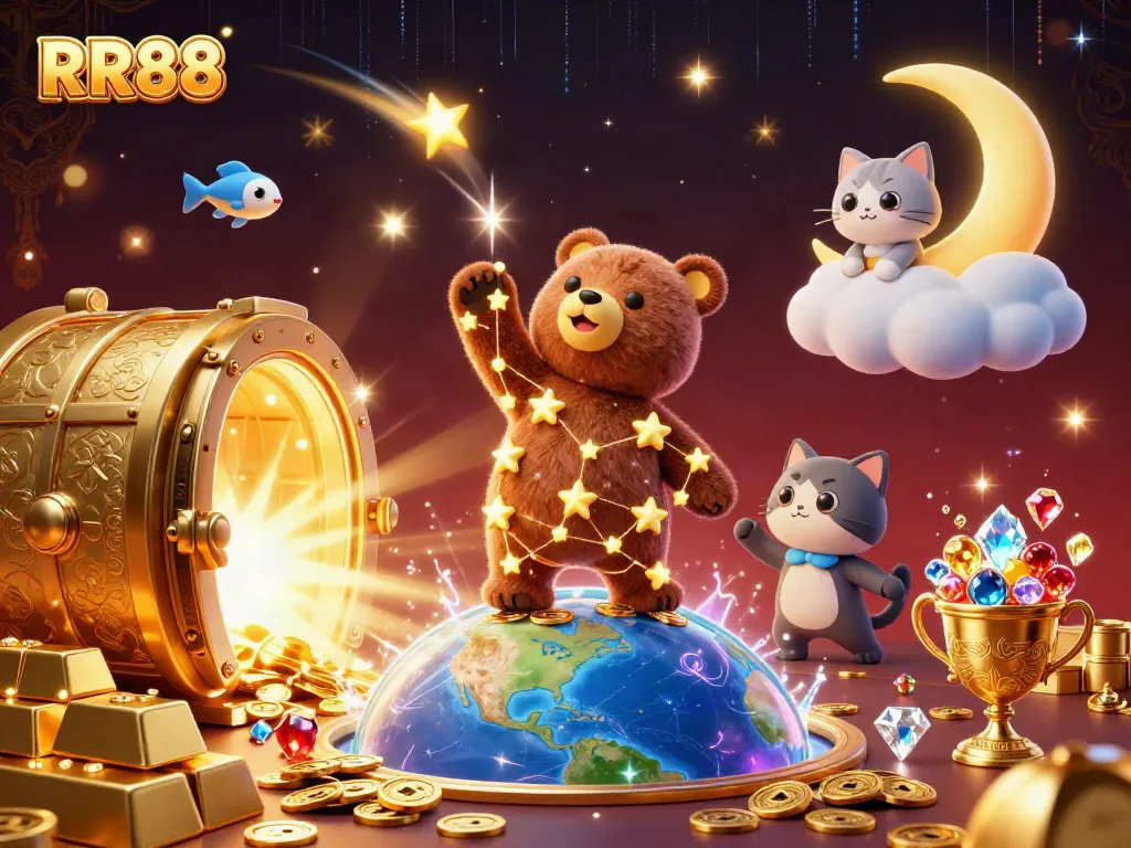 Experience the vibrant world of RR88 as a constellation bear scoops coins amidst dazzling treasures.