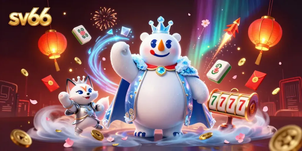 Experience thrilling gaming with sv66's vibrant 3D scene featuring animated characters and slot elements.