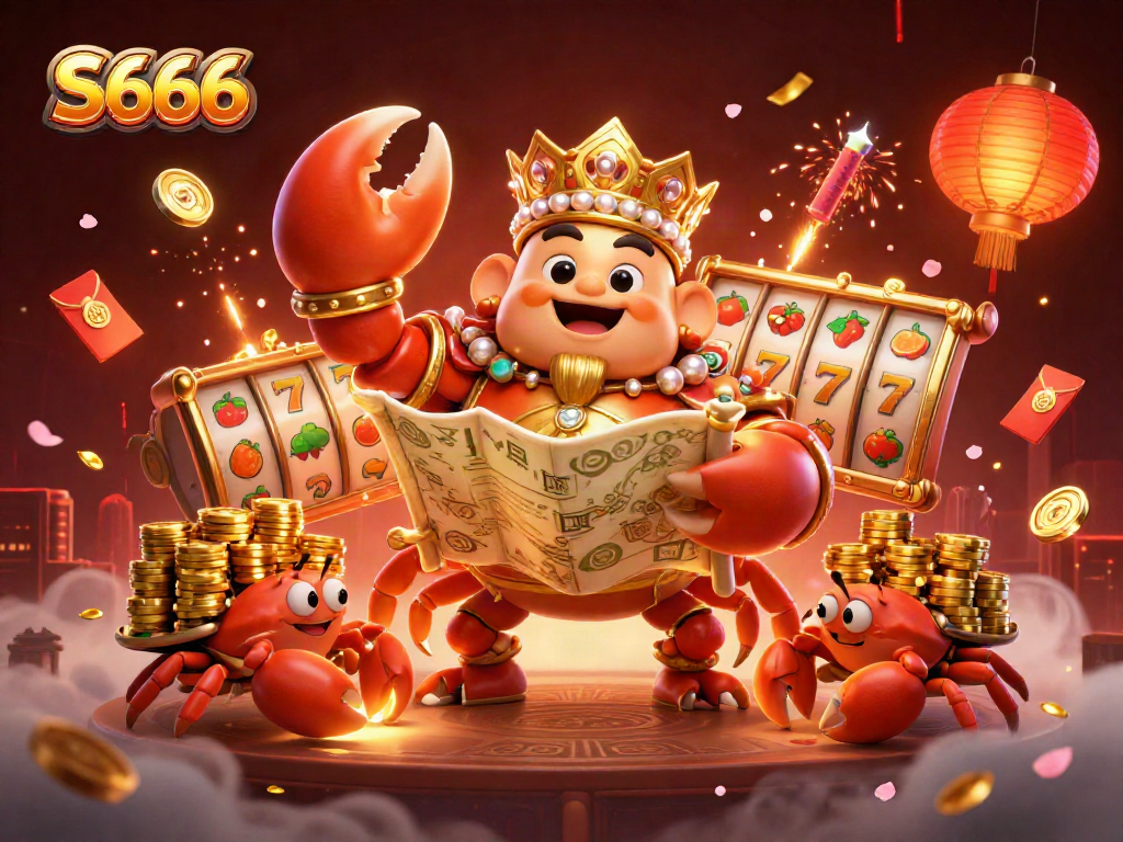 S666 online casino scene featuring a golden crab emperor and slot machine symbols