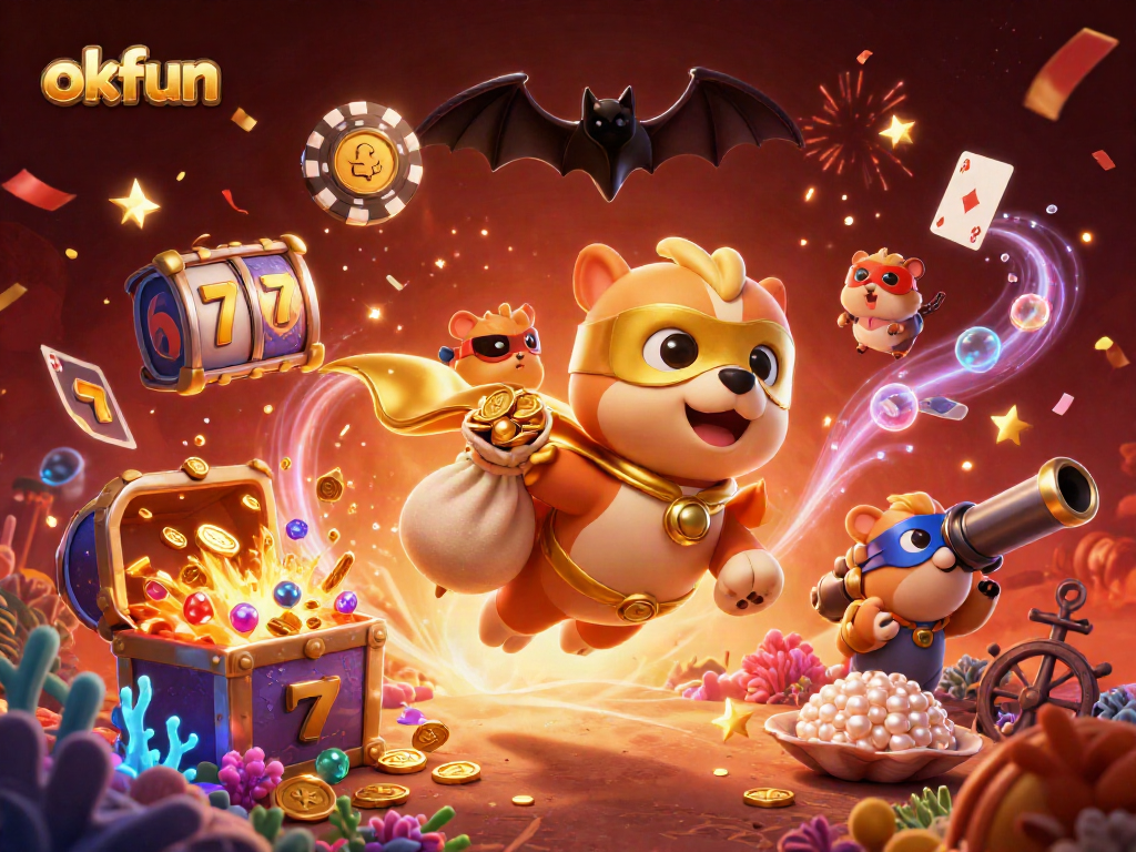 Experience okfun's excitement with a cartoon superhero dog and dazzling casino elements