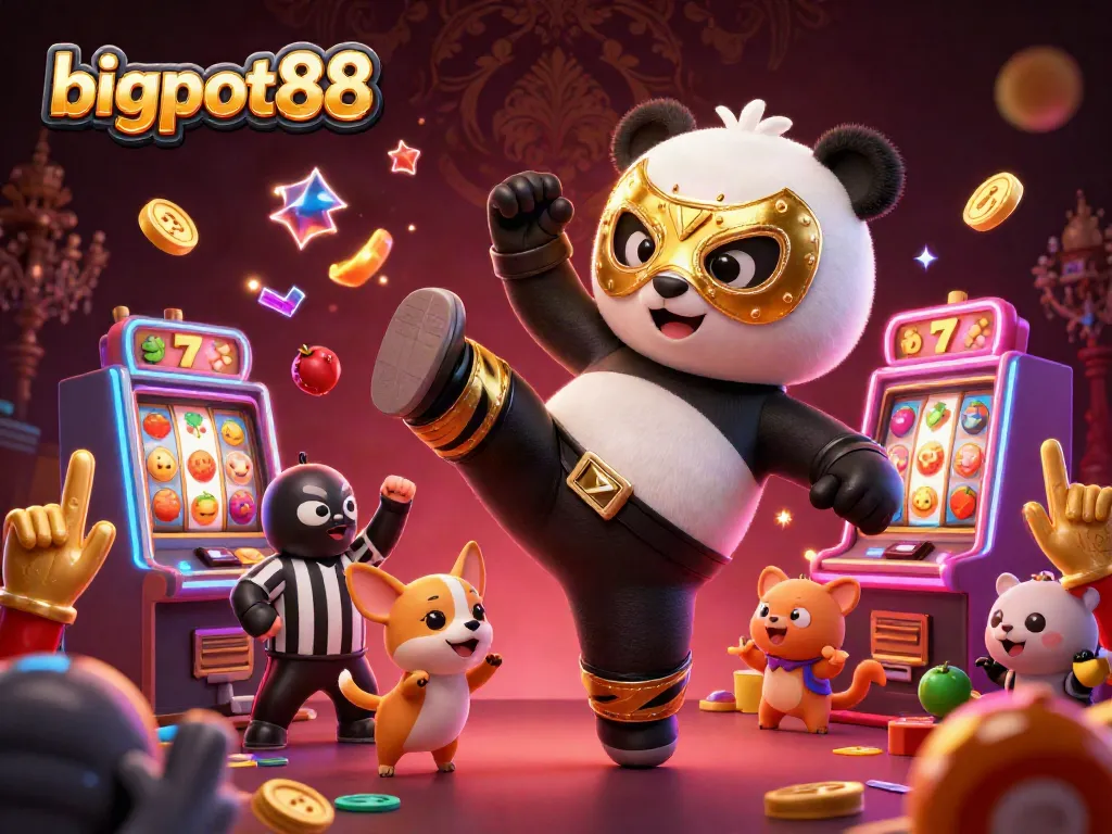 bigpot88 menampilkan panda profesional bertarung dengan aksi menendang di kasino yang penuh dengan mesin slot.