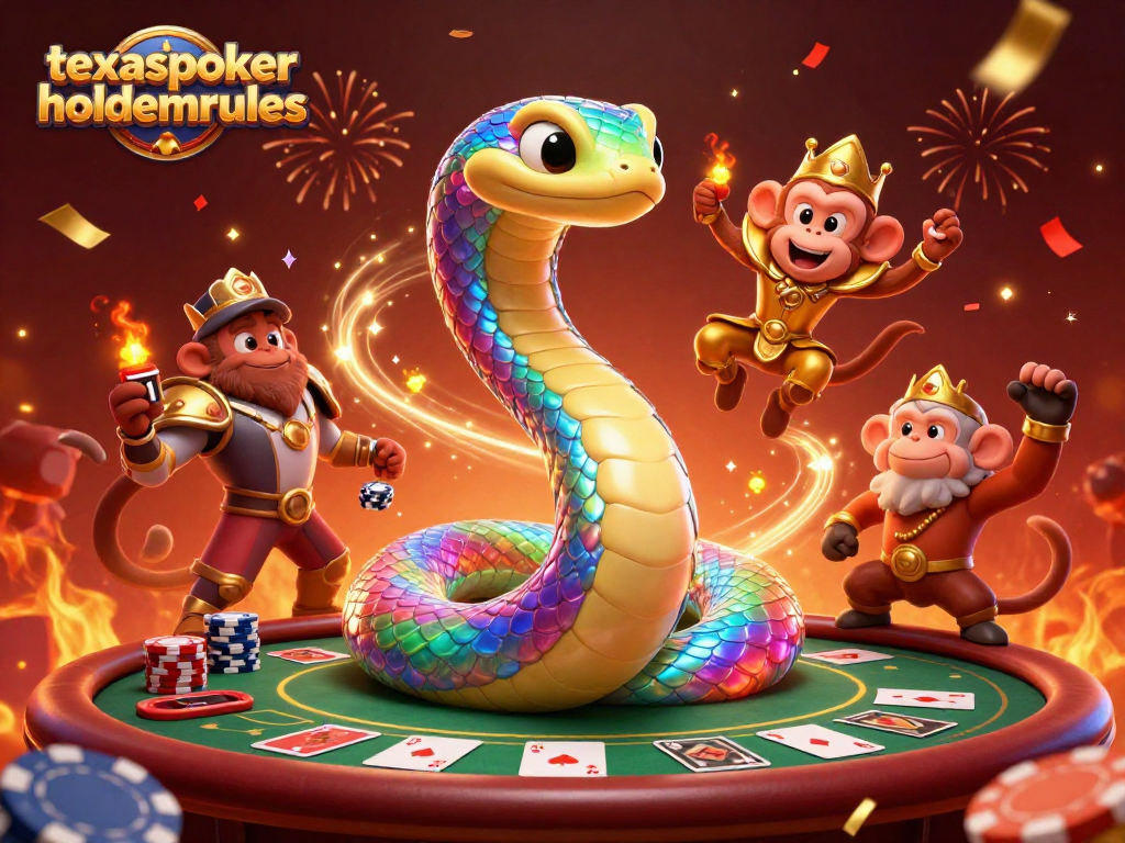 Engage with texaspokerholdemrules in an exciting poker showdown with a vibrant rainbow serpent and monkey king.