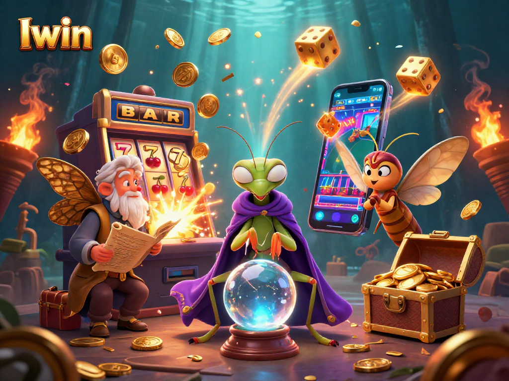Iwin as casino players win big at a vibrant slot machine explosion in a fantastical illustrated scene
