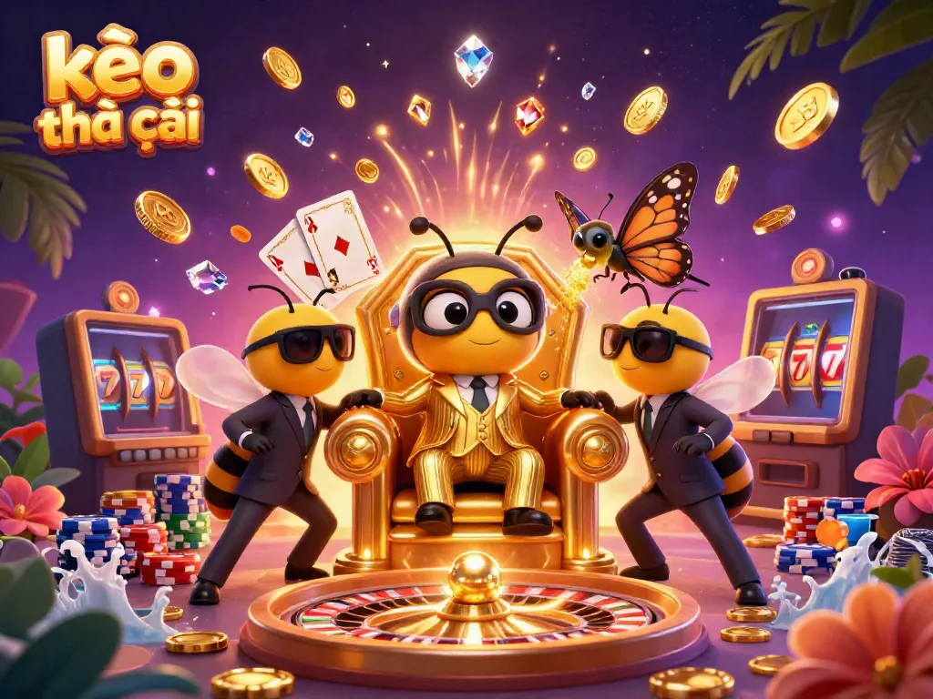 Experience the excitement of kèo nhà cái with animated characters surrounded by casino elements and golden coins.