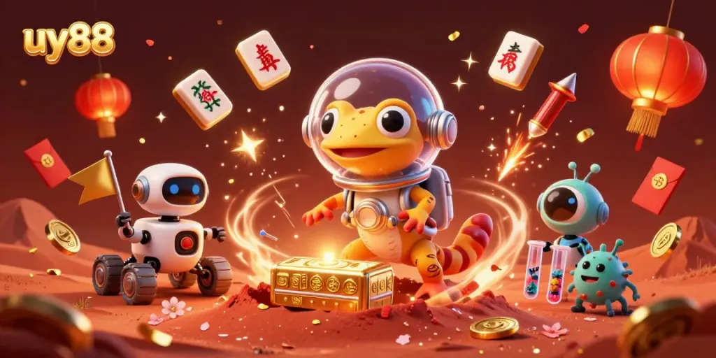 Experience uy88's thrilling Martian casino adventure with vibrant 3D characters and festive elements.