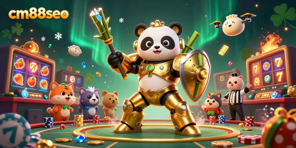 Experience exciting gameplay at cm88seo with a thrilling scene of a panda piloting a robot in a casino arena.