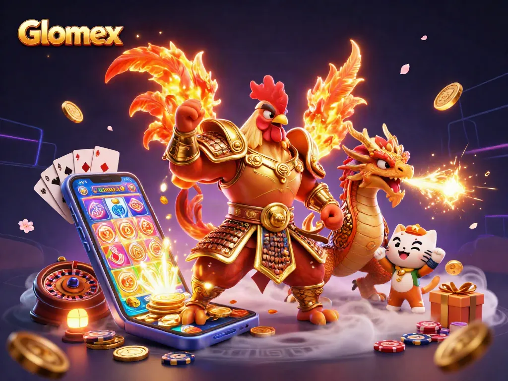 Spark your excitement with Glomex’s dynamic gambling-themed illustration showcasing vibrant characters and gaming elements.