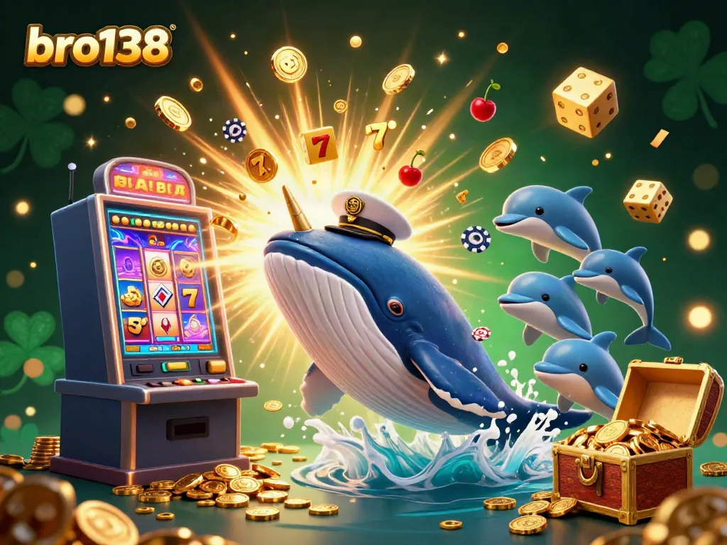 Engage with bro138's exciting jackpot world filled with playful dolphins, a golden whale, and vibrant slot elements.