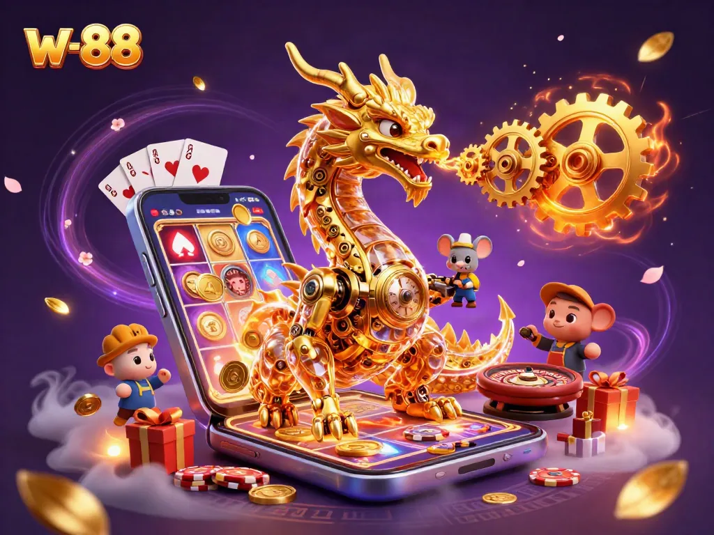 Experience thrilling wins at w-88 with a stunning 3D illustration featuring an engaging casino scene.