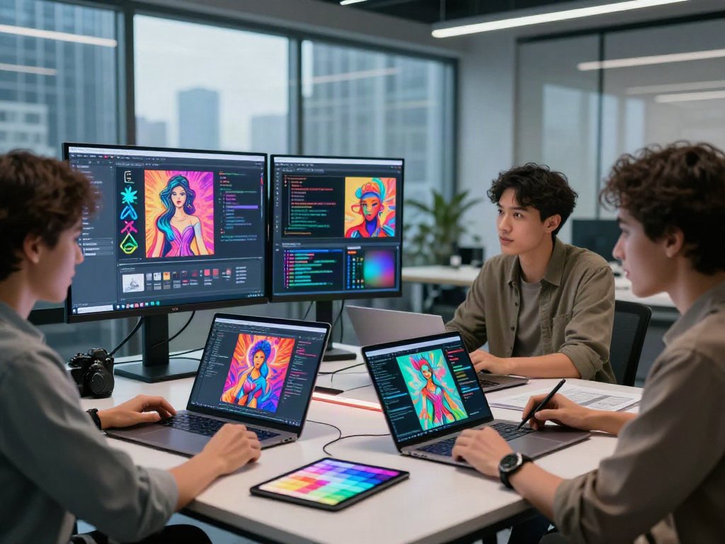 Creative team developing AI porn generator visuals in a high-tech studio with vibrant digital displays.