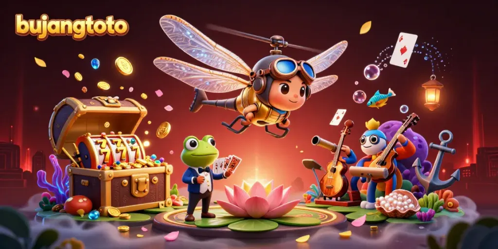 Experience thrilling games at Bujangtoto with a dragonfly pilot and frog croupier in a vibrant casino.