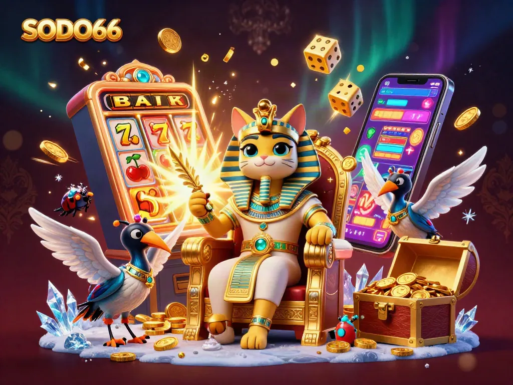 SODO66 captivates with a vibrant 3D casino scene featuring a pharaoh cat, jackpot slot, and festive confetti action.
