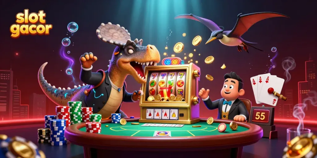 Experience slot gacor with cartoon dinosaurs in a vibrant 3D casino scene filled with jackpot action.