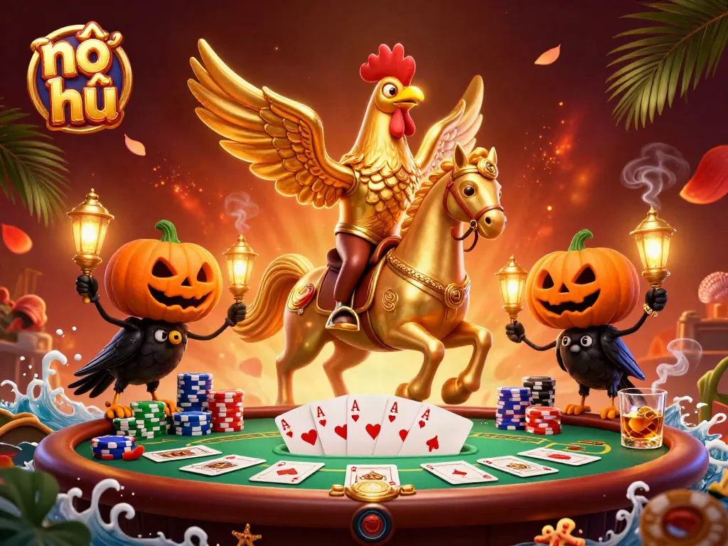 Experience a thrilling nổ hũ casino adventure with a golden rooster and its companions amidst vibrant gaming elements.
