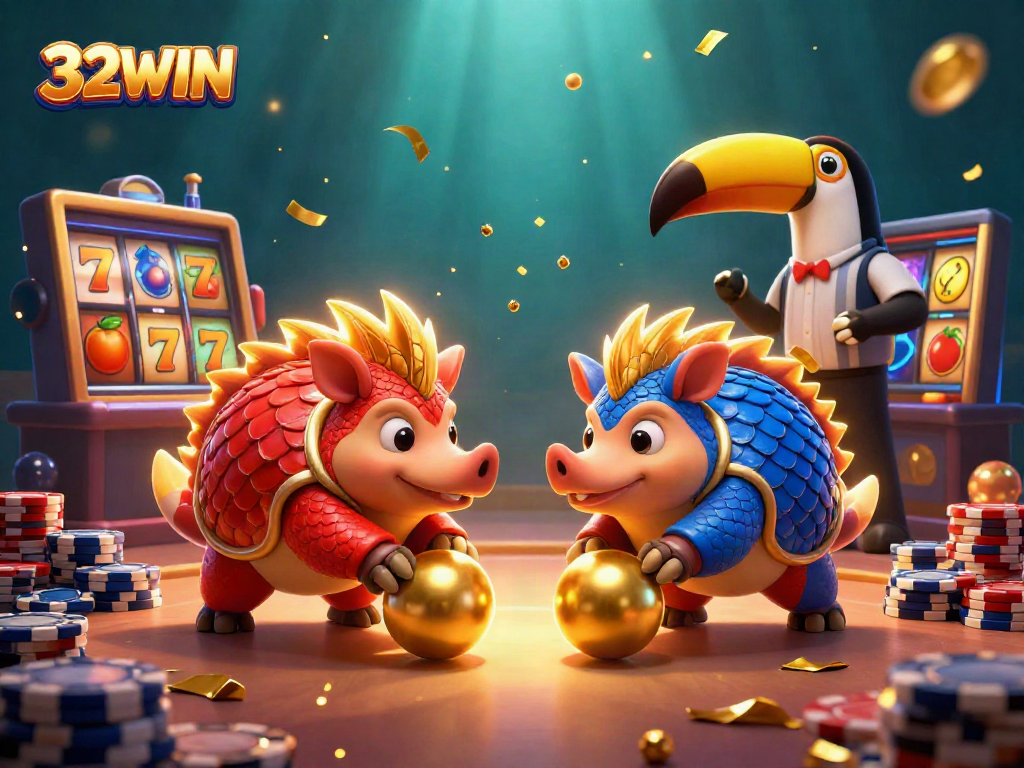Pangolins compete in a vibrant casino scene as 32WIN delivers action-packed gaming excitement with slot elements!