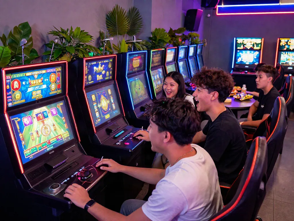 Excited friends enjoying a lively slot demo experience in a vibrant gaming lounge.