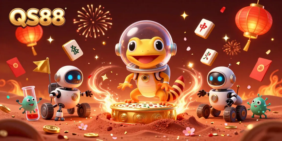 Experience thrilling gameplay with QS88 at this vibrant casino illustration featuring alien characters and festive elements.