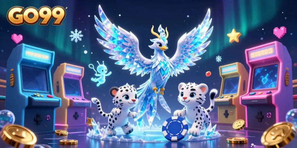 Engage with the dynamic GO99 scene featuring colorful arcade elements, an ice phoenix, and playful snow leopard.