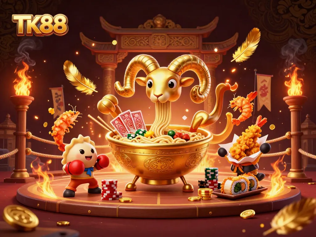 Engaging TK88 casino illustration with a golden ramen bowl dealing cards and cheerleaders amidst betting tokens.