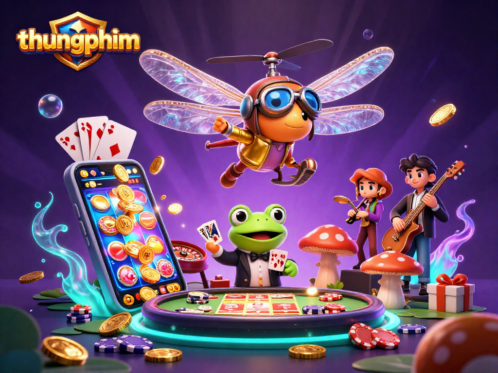 Experience thrilling gameplay at thungphim with a vibrant 3D casino scene featuring a dragonfly pilot.