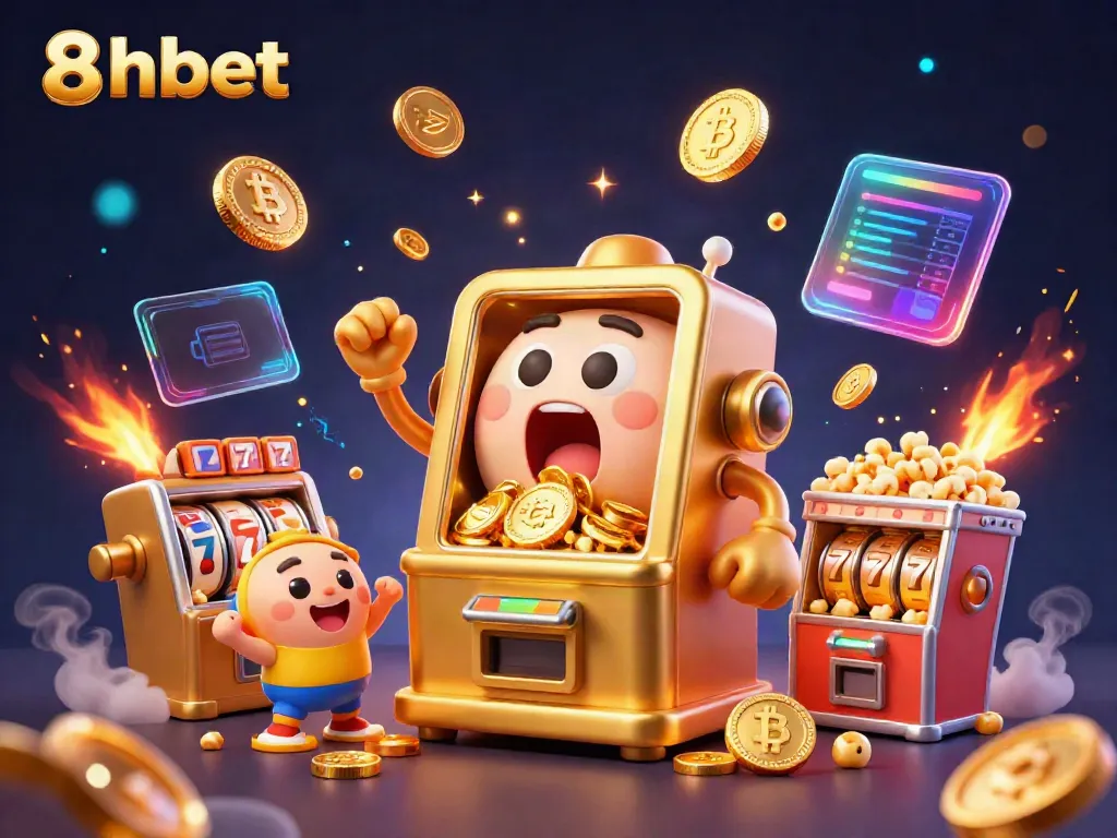 Experience 8xbet's thrilling jackpot with a lively slot machine celebrating coins and exciting game elements!