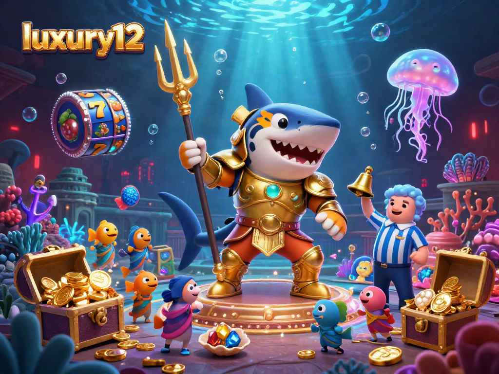 Engage with luxury12's vibrant online casino experience featuring a golden gladiator shark amidst slot machines and treasures.