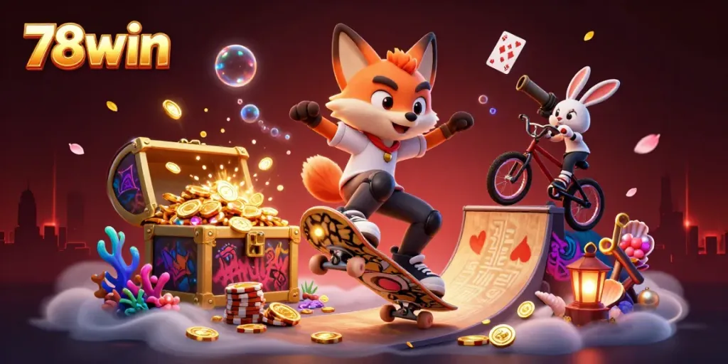 Attract players to 78win with a dynamic scene featuring a fox and rabbit in a casino-themed world.