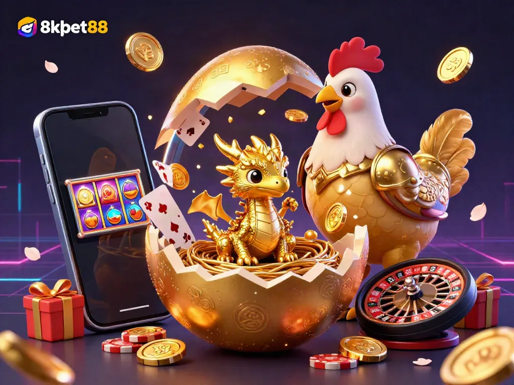 Experience 8xbet88's vibrant casino world with golden gaming elements and a baby dragon mascot.