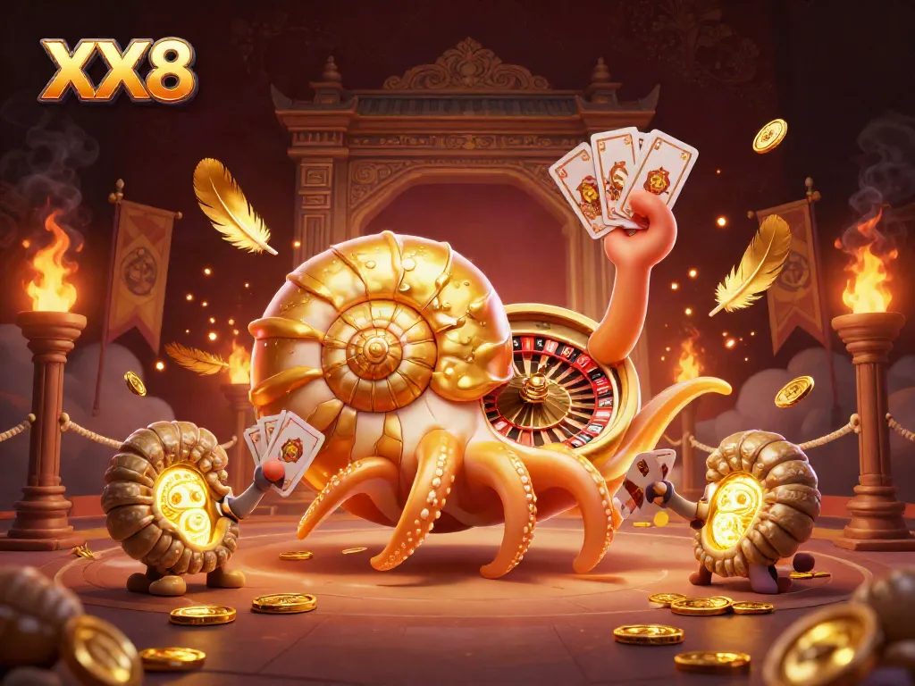 Experience thrilling gameplay with XX8 in a dynamic casino scene featuring a giant nautilus and glowing ammonites.
