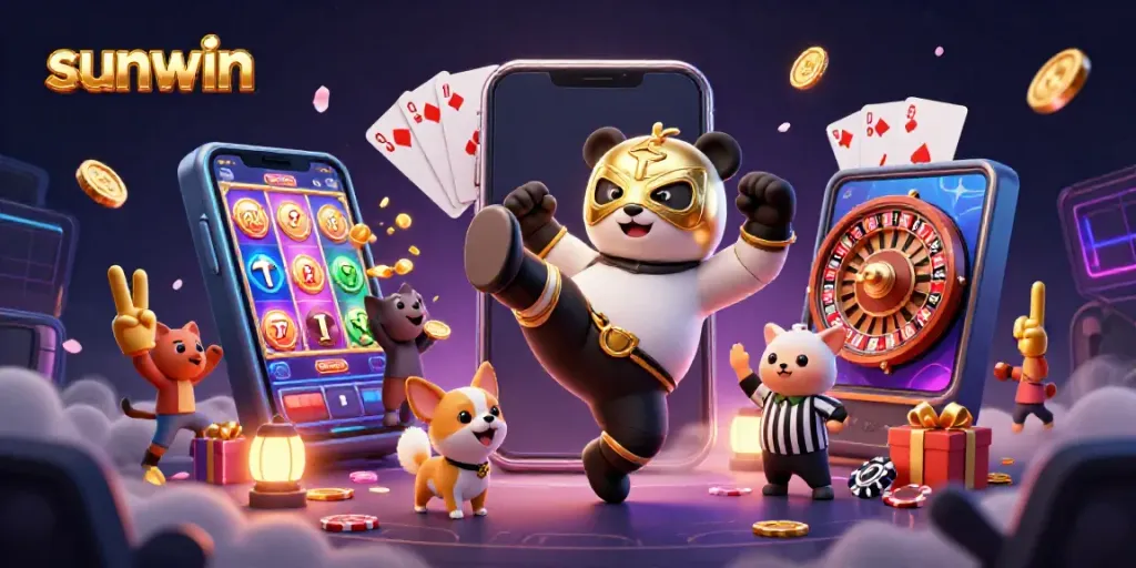 Engage in exciting gameplay at sunwin through a dynamic scene featuring various casino elements.