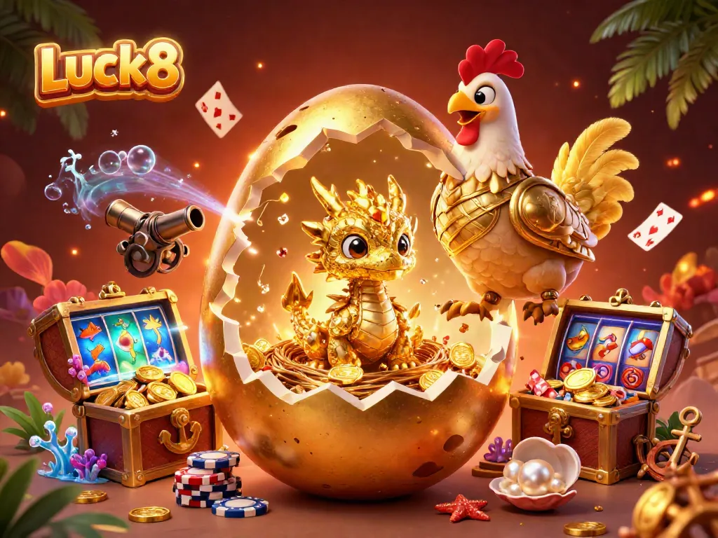 Luck8 gaming scene with a golden egg, dragon, and slot symbols, filled with vibrant casino elements.