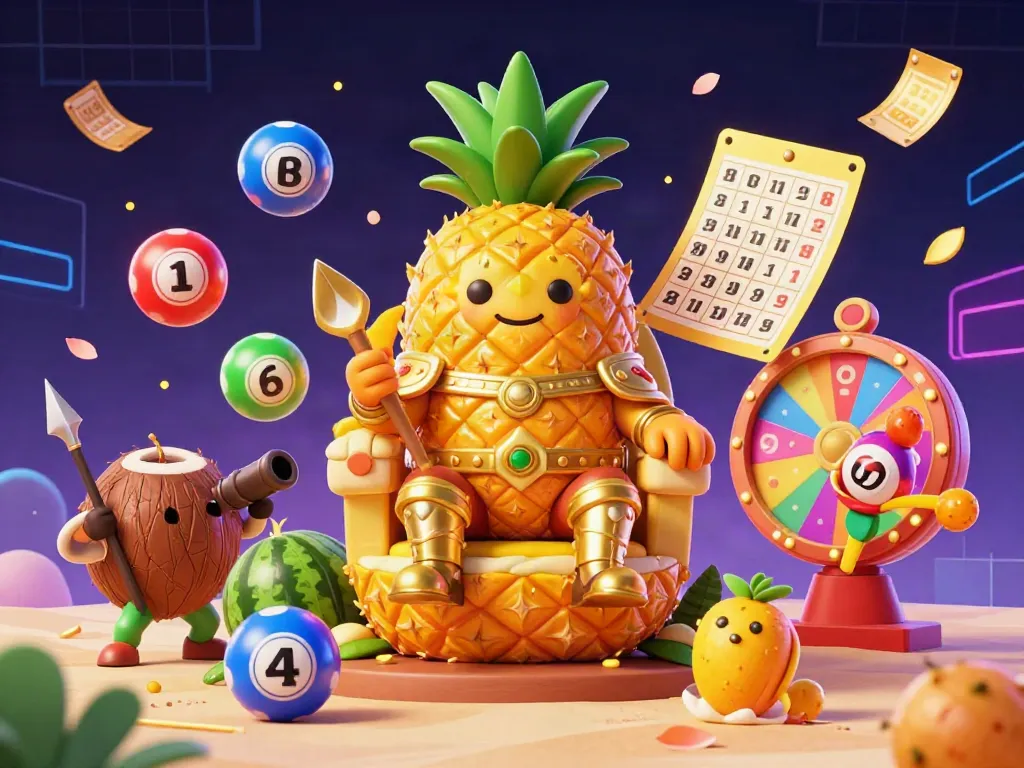 Experience gaming excitement with LGOSUPER: iconic golden pineapple king and vibrant lottery elements.