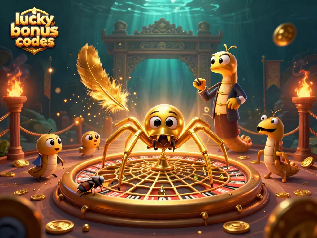 Engage with lucky creek bonus codes in this vibrant 3D casino scene featuring a spider and croupier.
