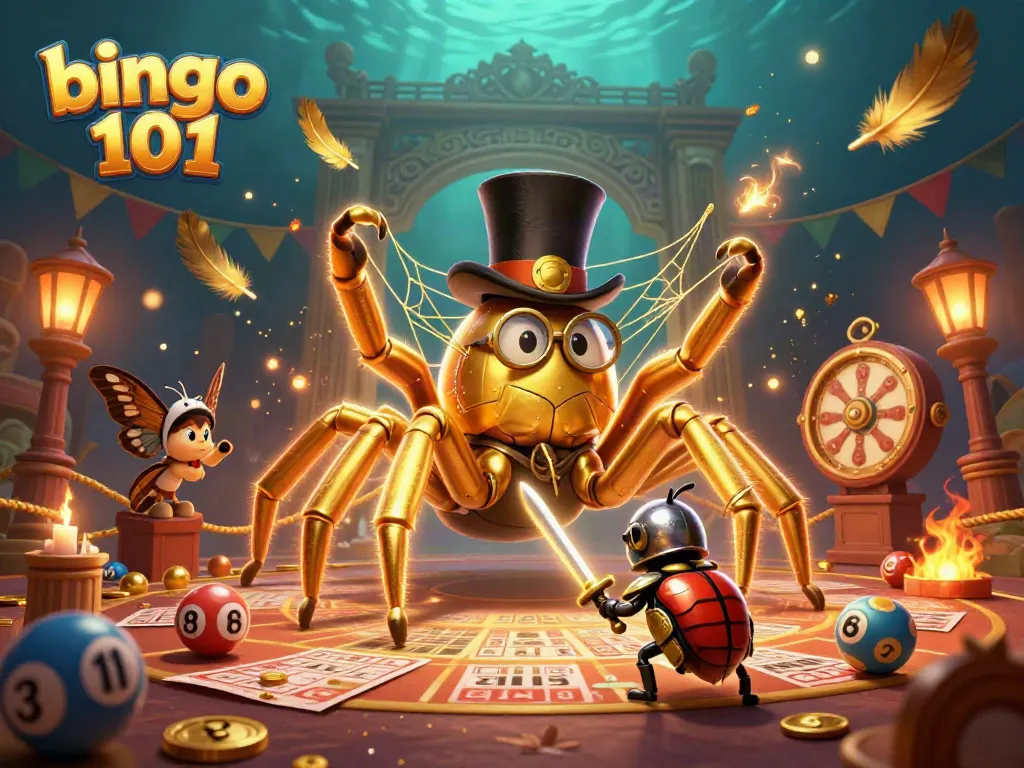 Bermain bingo 101 dengan suasana penuh hadiah dan kegembiraan, termasuk kartu bingo dan bola bernomor.