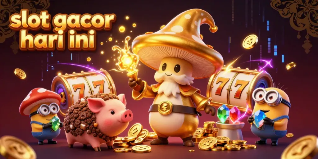 Experience the magic of slot gacor hari ini with a golden mushroom wizard and treasure-seeking pig in a dynamic casino scene.