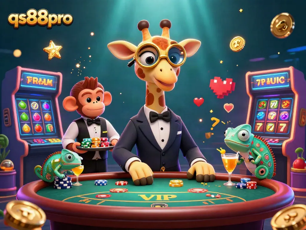 Experience high-stakes gaming with qs88pro's vibrant 3D casino illustration showcasing thrilling slot machines.
