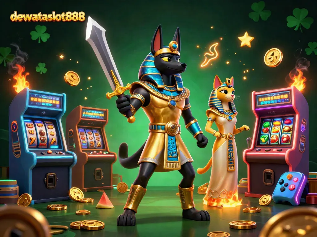 Permainan slot di dewataslot888 dengan karakter Anubis dan Bastet menghibur pemain dalam suasana kasino digital.