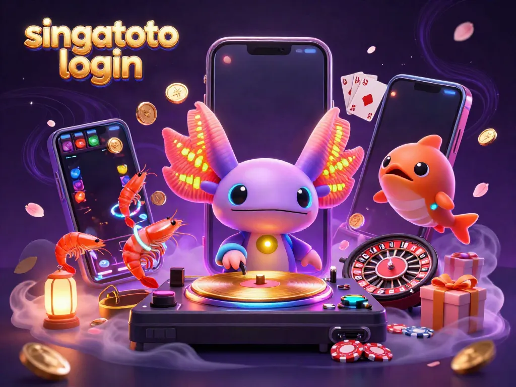 Experience the vibrant world of Singatoto login with a neon-colored axolotl DJ and lively underwater gaming atmosphere.