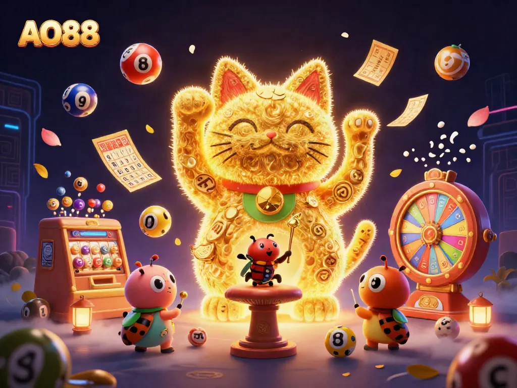 Experience the excitement of AO88 with a 3D illustration showcasing a lucky cat and colorful casino elements.