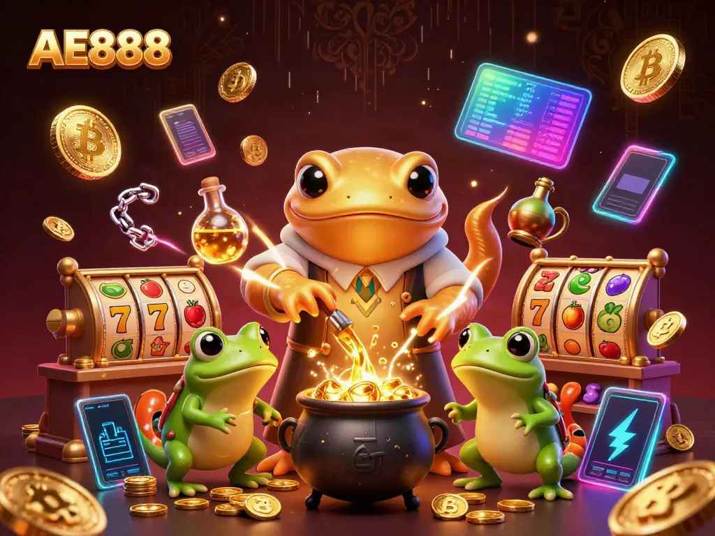 Experience the thrilling world of AE888 with gold coins, slot reels, and 3D characters in a vibrant casino atmosphere.