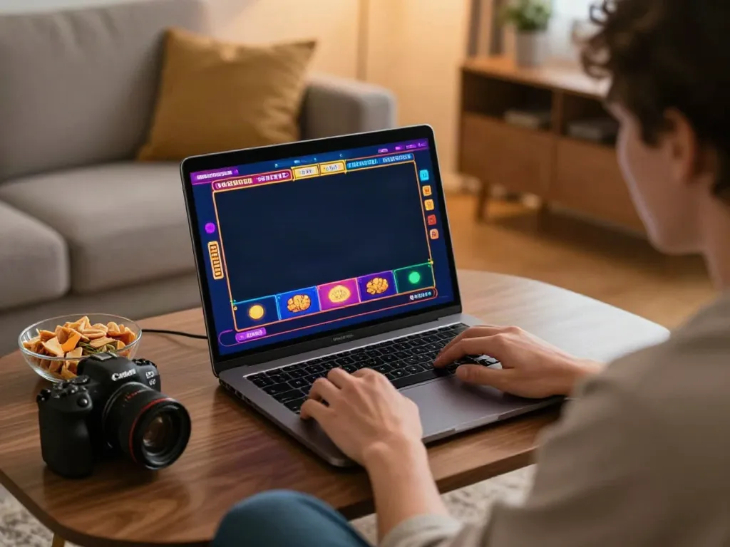 Erleben Sie Spannung im Ica Casino Österreich mit einem Spieler, der gemütlich vom Sofa aus auf Laptop spielt.