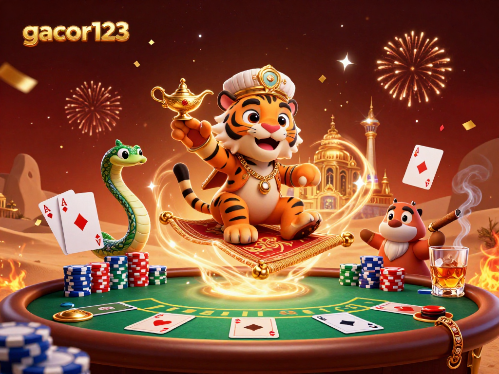 Engage with gacor123, capturing the vibrant essence of a casino with a magical flying carpet scene.