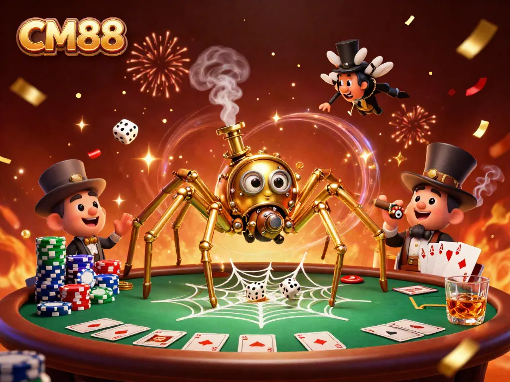 Experience thrilling wins at CM88 with a steampunk spider and poker elements in a vibrant casino scene.