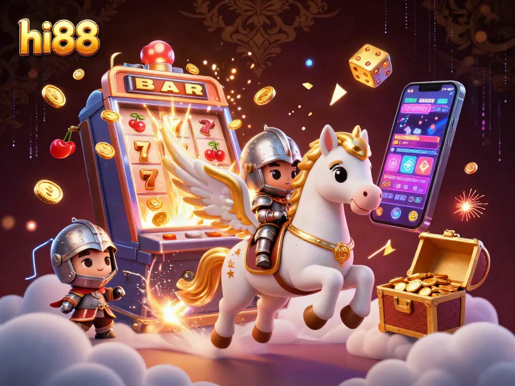Experience the thrill of hi88 as the knight and celestial horse soar through a vibrant casino world.