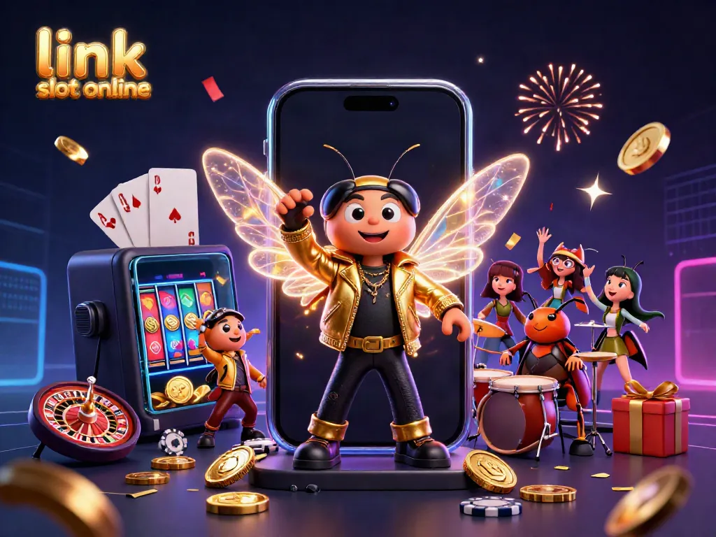 Permainan slot gacor dengan RTP tinggi di situs link slot online, menunjukkan detail slot dan musik ceria.