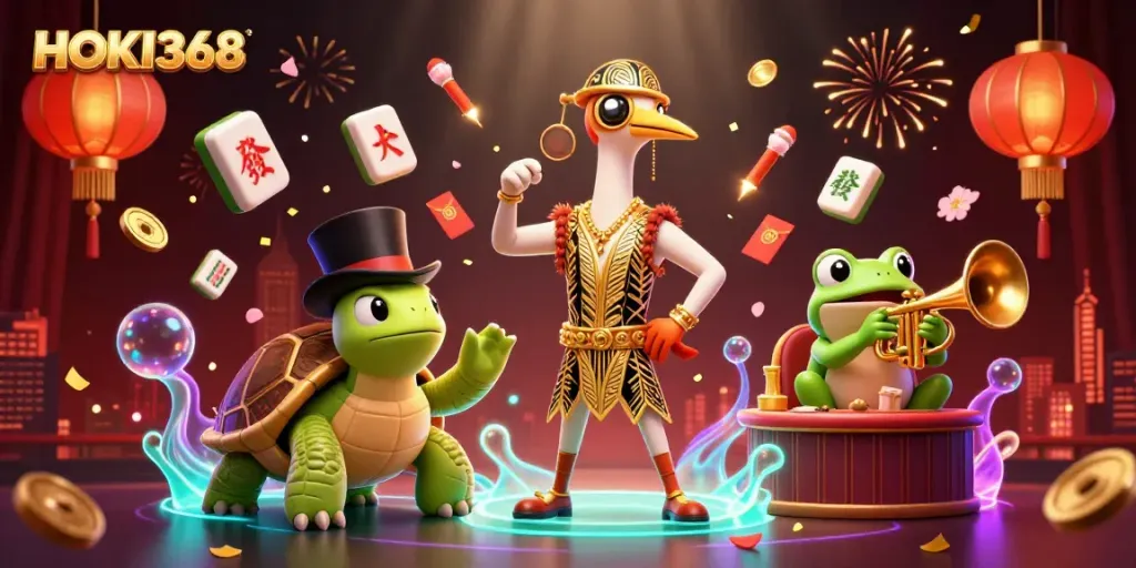 Experience the thrilling world of HOKI368 with vibrant characters and lively casino-themed elements.