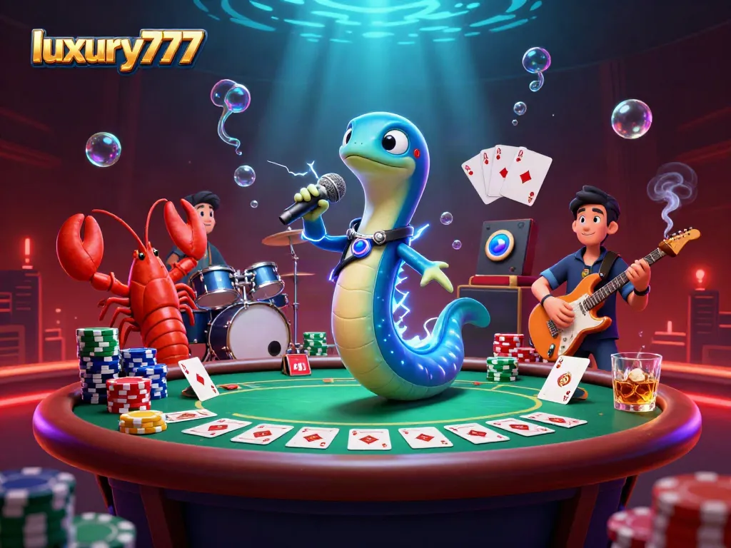 Experience the thrill of luxury777 with an electric eel DJ and band in a vibrant underwater casino.