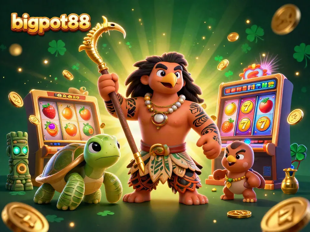 Experience thrilling gameplay with bigpot88, featuring vibrant slot reels, golden coins, and a mystical Polynesian demigod.
